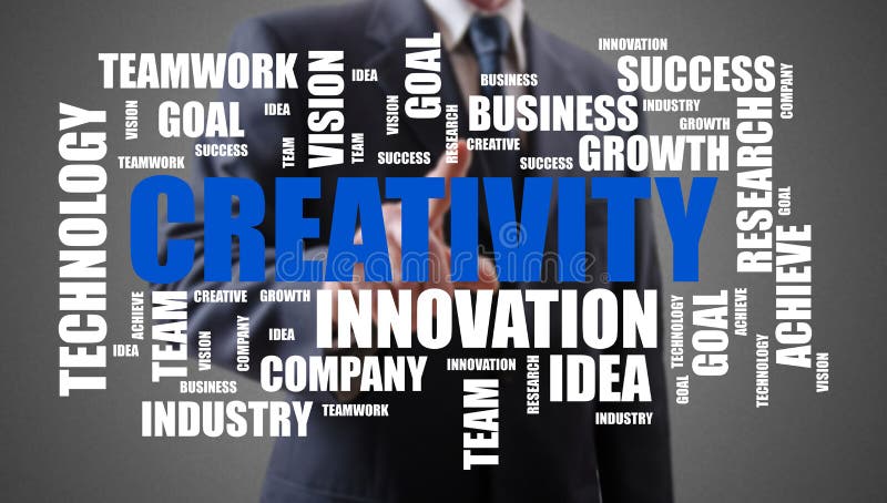 Creativity word cloud concept shown by a businessman stock images Creativity word cloud concept shown by a businessman stock images