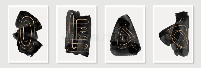 Creativo minimalista pintado a mano abstracto arte fondo con mancha de acuarela negro y línea garabato dorado garabato. diseñar