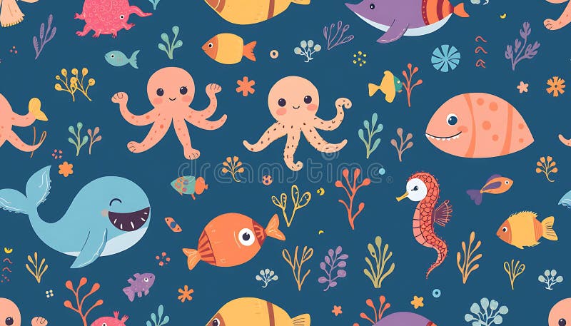 Creaturile oceanului albastru tipar viață marină design Stock Photo Generative AI royalty free illustration