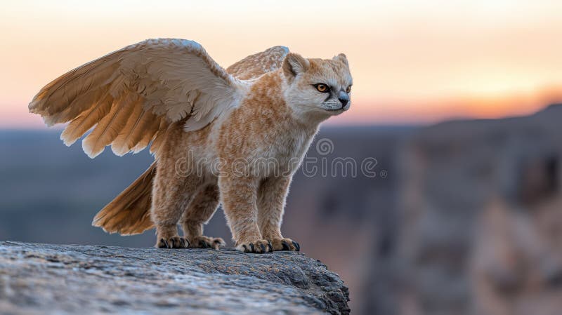 Creatură felină cu aripi pe o destrăbătură stâncoasă la apus royalty free illustration