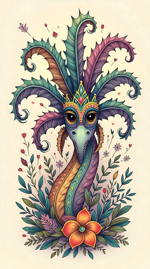 Creatură mitică colorată, cu frunze vibrante și flori într-un design artistic AI Generat vector illustration