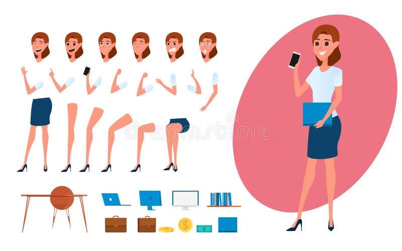 Creazione del carattere della donna di affari messa per l'animazione Parte il modello del corpo Emozioni differenti, pose e funzi illustrazione vettoriale