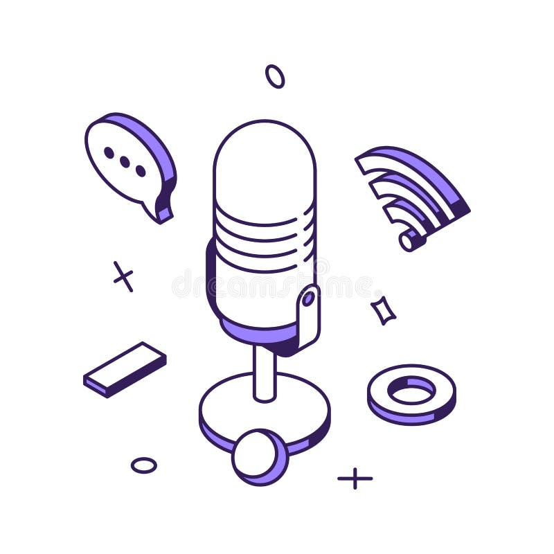 Creazione di contenuti per l'intrattenimento audio podcast registrazione di trasmissioni online emissione 3d isometraggio vettore royalty illustrazione gratis