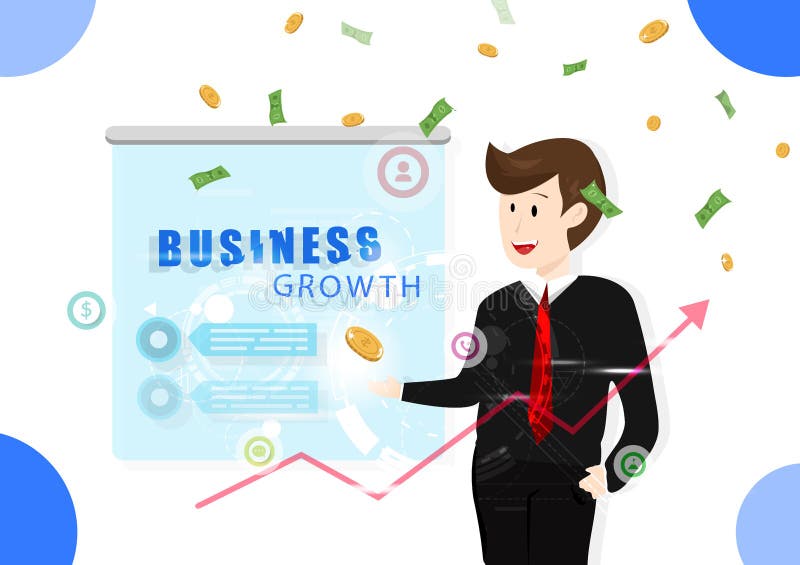 Crecimiento del negocio, hombre que trabaja, símbolo de la información de la tecnología, inversión, dinero que cae, ejemplo acert ilustración del vector Crecimiento del negocio, hombre que trabaja, símbolo de la información de la tecnología, inversión, dinero que cae, ejemplo acert ilustración del vector