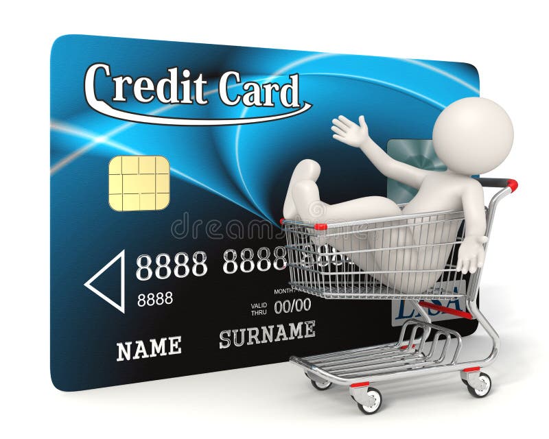 3d guy sitting in a realistic shopping cart in front of a blue credit card - Image on white background with soft shadows - Shopping with credit card concept. Shopping cart credit card illustrations