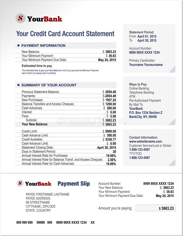 Credit Card Bank Account Statement Template Stock Vector 