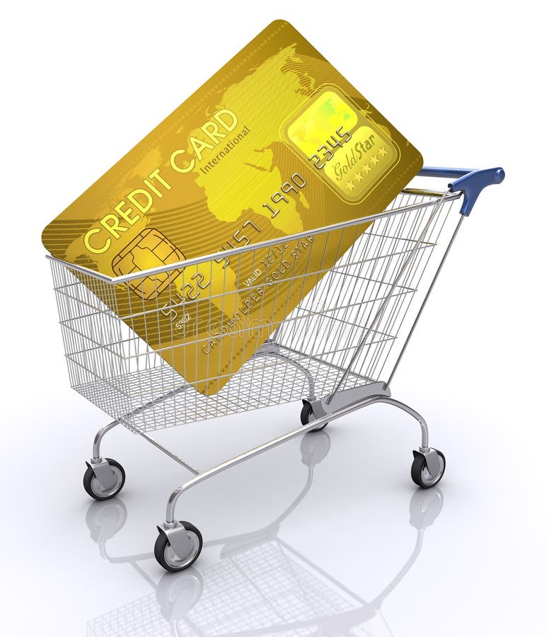 Concept of payment with credit card. Shopping cart with card inside. Shopping cart credit card illustrations