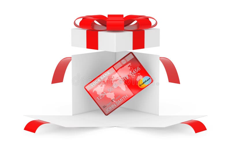 Credit Card in Opened Surprise White Gift Box with Red Ribbon and Bow. 3d Rendering