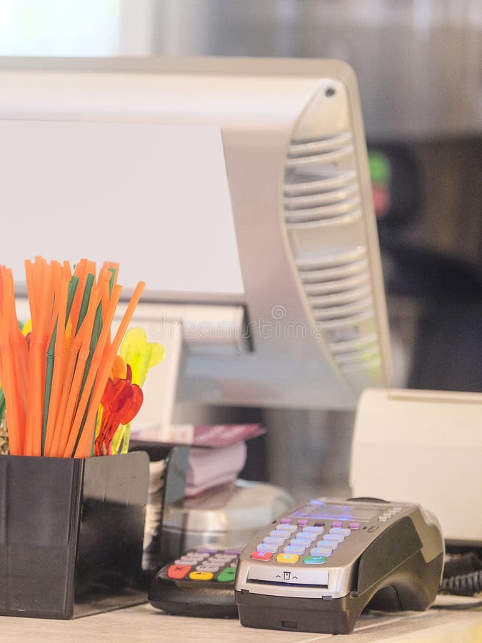 Credit card`s reader on a table stock images