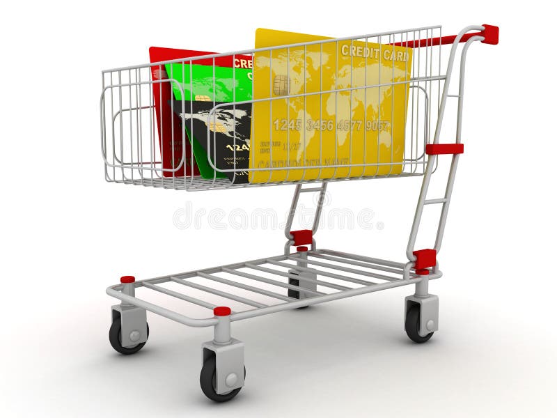 Credit card in shopping cart. 3D render. Shopping cart credit card illustrations