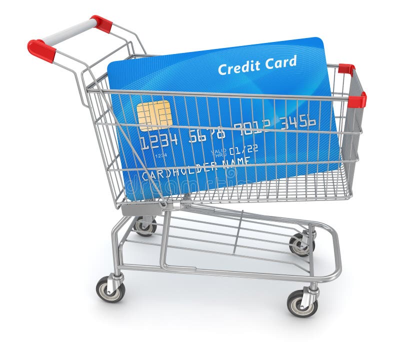 Credit Card in Shopping Cart. 3d rendered and image. Shopping cart credit card illustrations