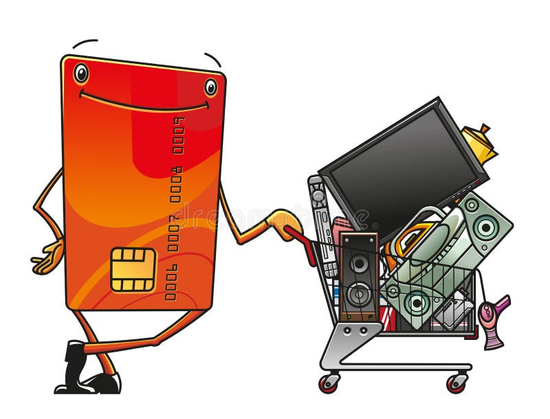 Credit card with shopping cart of electronics in cartoon style. Shopping cart credit card vectors