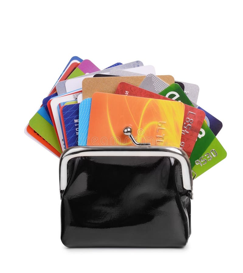 Lot of credit cards in purse isolated on white