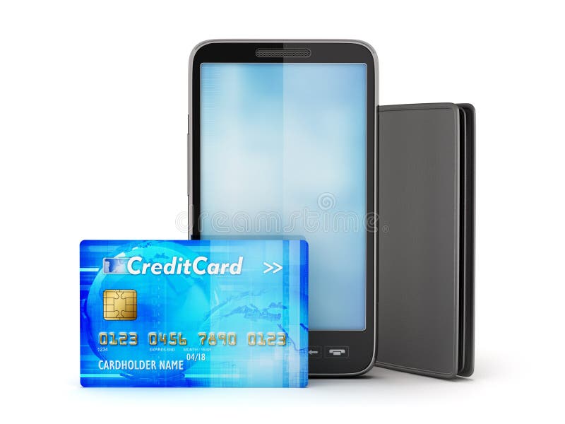 Creditcard, mobiele telefoon en leerportefeuille stock illustratie Creditcard, mobiele telefoon en leerportefeuille stock illustratie