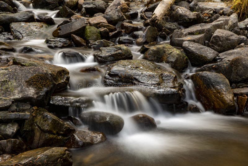 Creek Flowing Over Mossy Rocks Long Exposure With Marshmallow Effect