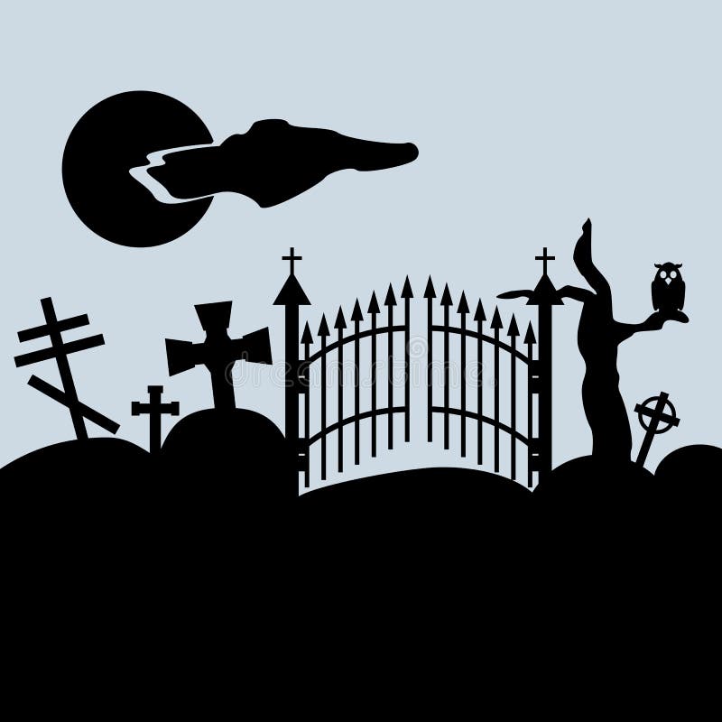 Creepy landscape. Cemetery gates, grave crosses, owl on dry tree, night sky. Vector illustration. stock illustration Creepy landscape. Cemetery gates, grave crosses, owl on dry tree, night sky. Vector illustration. stock illustration