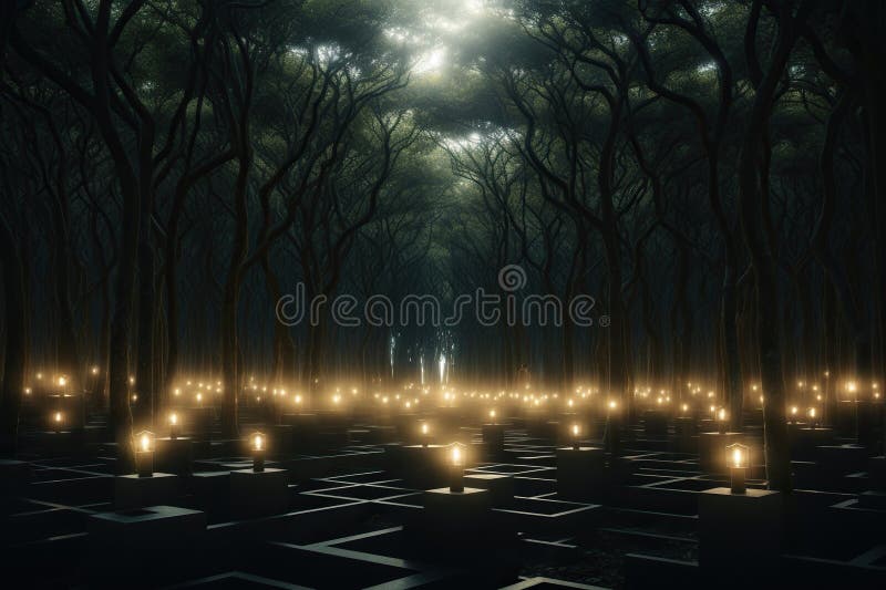 Creepy mystical forest with lights. Generated by artificial intelligence stock illustration
