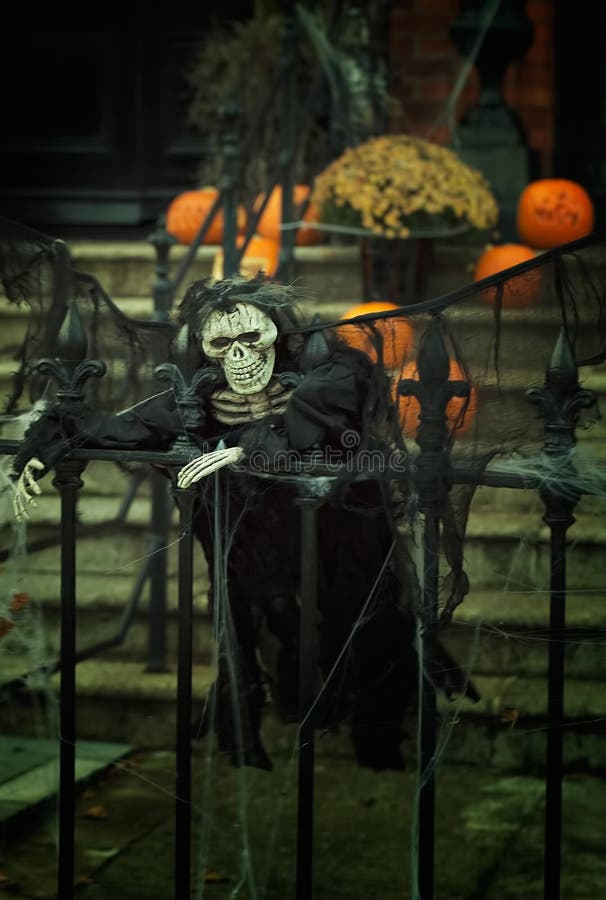 Creepy Skeleton Dreesed in Black Decoration on Halloween Stock Photo