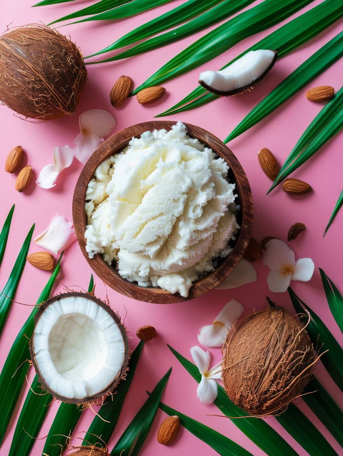 Crema de coco batido excelencia en tazón de madera con cocos frescos almendras hojas verdes y flores en fondo rosa vivo ilustración del vector