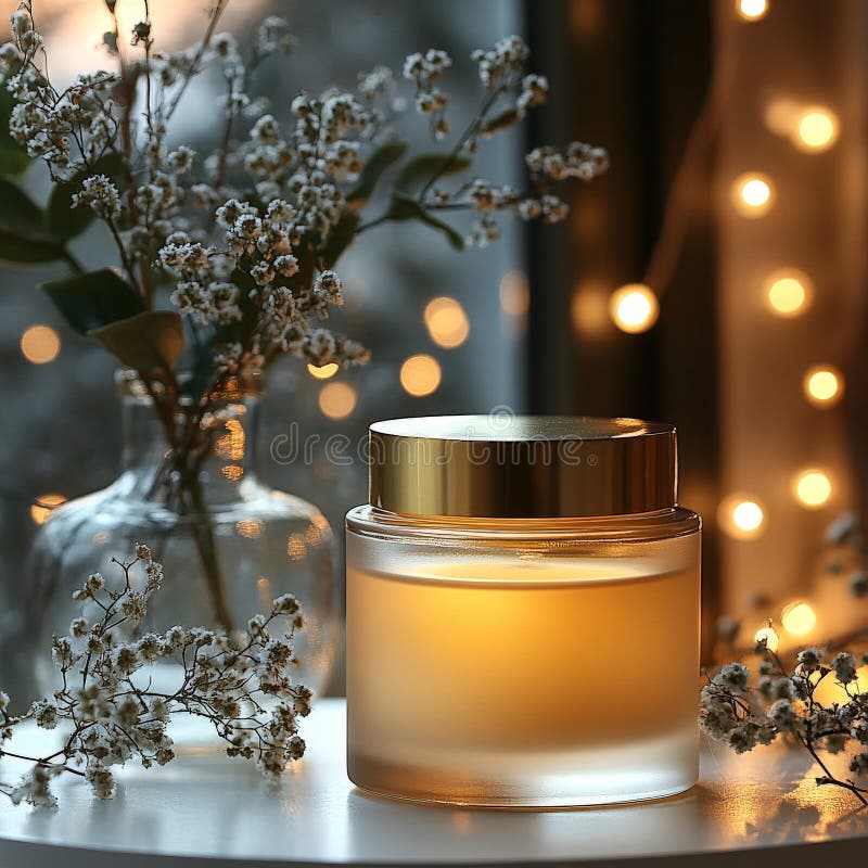 Crema de cuidado de la piel de lujo con tapa de oro sobre mesa blanca con iluminación suave stock de ilustración
