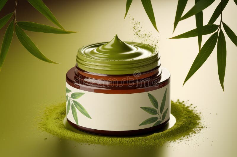 Crema de ingrijire a tenului de ceai verde in cadru natural de bambus stock illustration