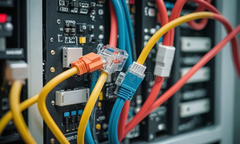 Cremallera de servidor de computadoras de vista de cierre con cables y conectores coloridos de red centrados en el azul ilustración del vector