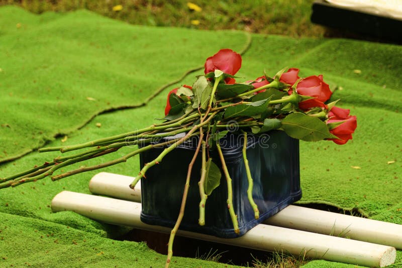 Cremation urn for burial with red roses