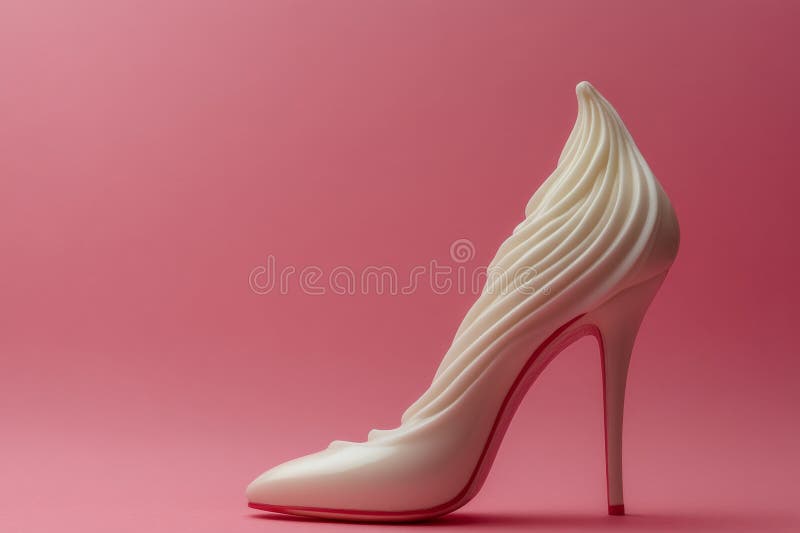 Creme als High Heel Schuh auf einem lebhaften rosa Hintergrund, die ein kreatives Konzept für Modedesserts darstellt stockfoto