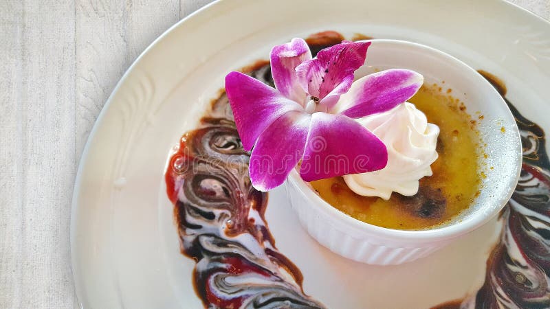 Creme Brulée Com Orquídea Comestível Imagem de Stock - Imagem de chocolate,  vibrante: 71138591