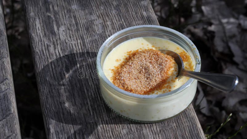 Creme brulee al aire libre al sol. postre de crema de vainilla francesa en un banco cercano almacen de video