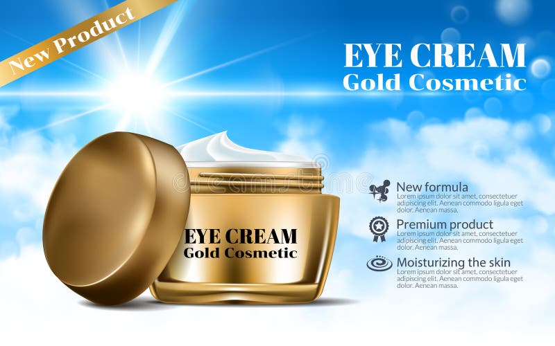 Creme do dia das mulheres para o modelo elegante da garrafa do olho e da cara Fundo do céu azul do brilho O ouro luxuoso conteve ilustração royalty free