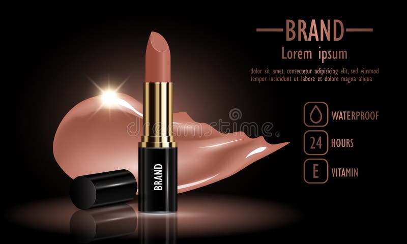 Creme fêmea luxuoso do batom dos cosméticos e mancha líquida para a composição no fundo preto, ilustração do vetor ilustração stock Creme fêmea luxuoso do batom dos cosméticos e mancha líquida para a composição no fundo preto, ilustração do vetor ilustração stock