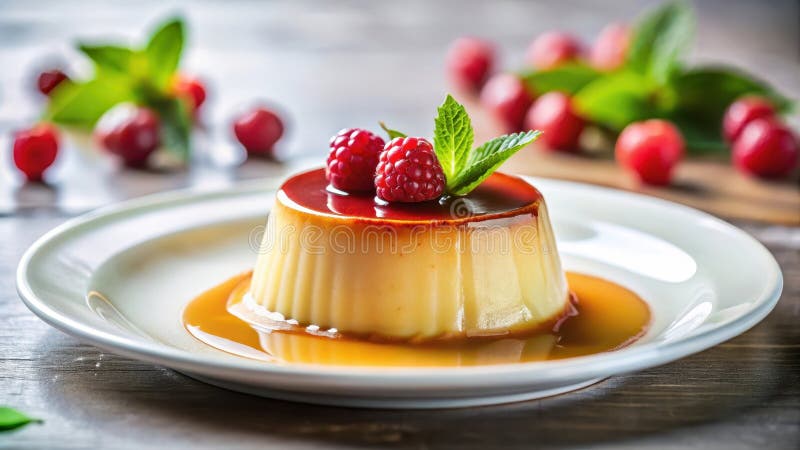 Cremefarbene Karamelldessert mit frischen Himbeeren und Pfefferminzgarn auf weißem Teller. Generative AI stock abbildung
