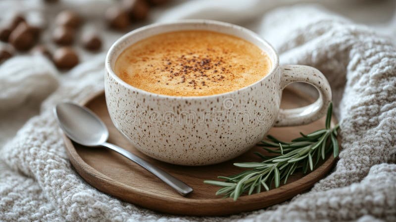 Cremefarbene Latte-Kunst in gemütlichem Ambiente mit Kräutern und Kaffeebohnen in der Nähe lizenzfreie stockbilder