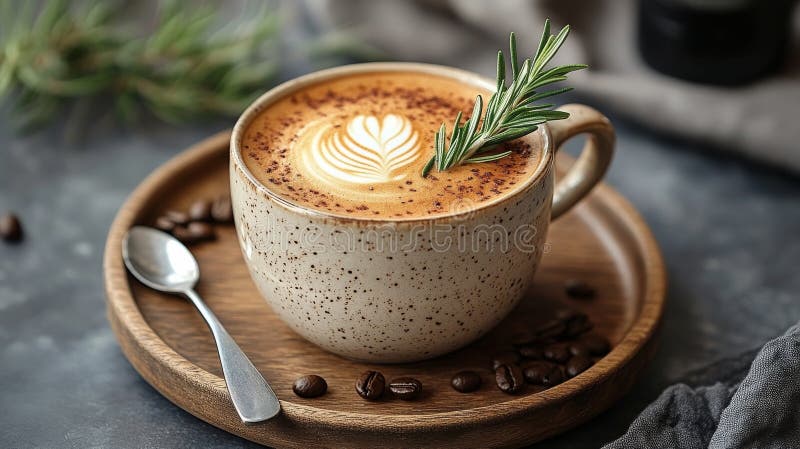 Cremefarbene Latte-Kunst in gemütlichem Ambiente mit Kräutern und Kaffeebohnen in der Nähe stockbilder