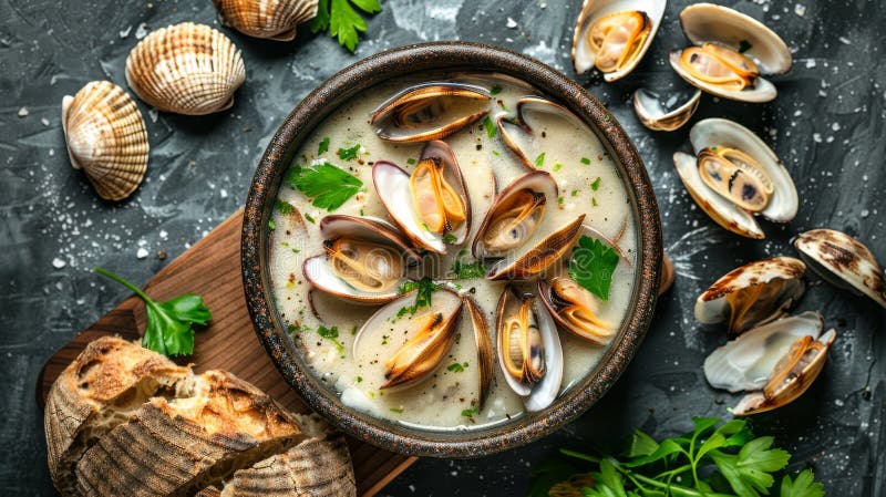 Cremige neue Muschelsuppe mit Muscheln und gruseligen Brotschüssel mit Meeresfrüchtewürfel stock abbildung