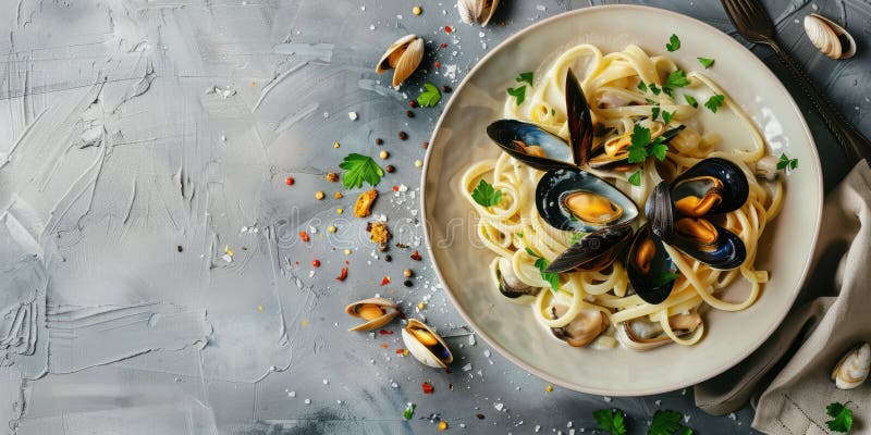 Cremige Pasta mit Muscheln und Muscheln auf grauem Hintergrund vektor abbildung