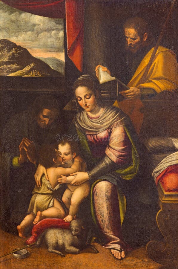 CREMONA, ITALY - MAY 24, 2016: The painting of Holy Family with St. Elizabeth and St. John the Baptist in church Chiesa di Santa Agata by Lucia Anguissola (1535 - 1565). CREMONA, ITALY - MAY 24, 2016: The painting of Holy Family with St. Elizabeth and St. John the Baptist in church Chiesa di Santa Agata by Lucia Anguissola (1535 - 1565).