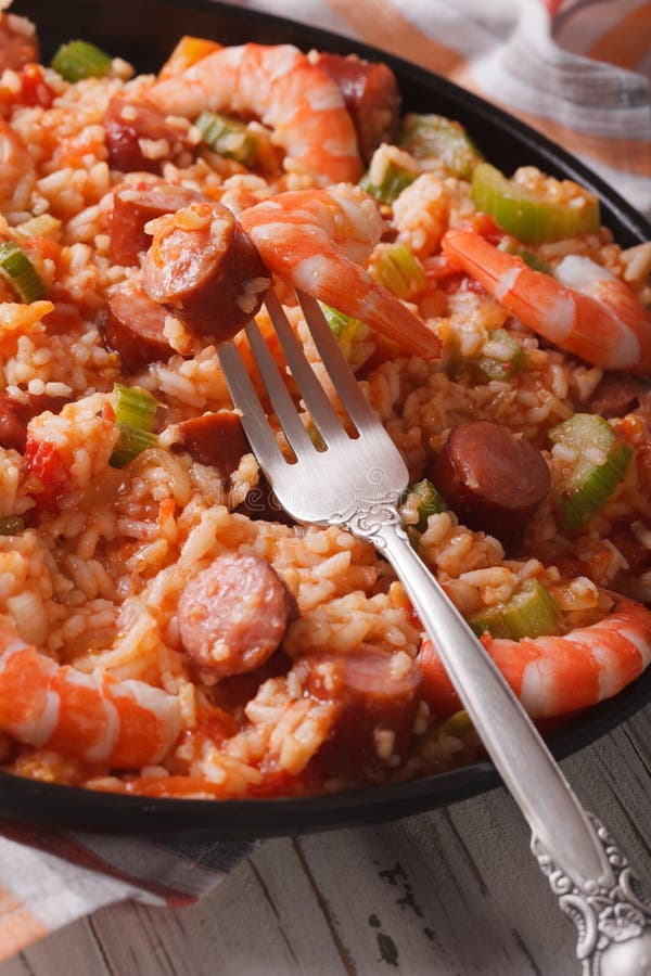 Creole Jambalaya with Shrimp and Sausage Closeup. Vertical Top Stock