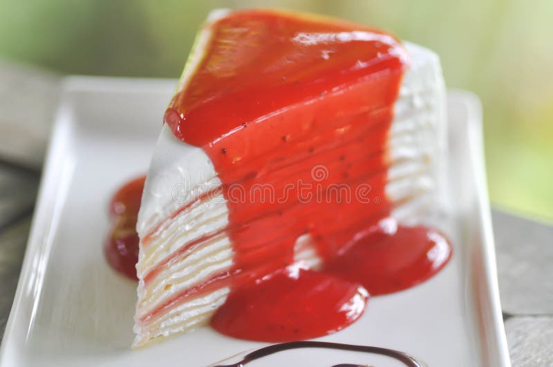 Crepe Cake with Strawberry Sauce Topping Stock Image Image of topping