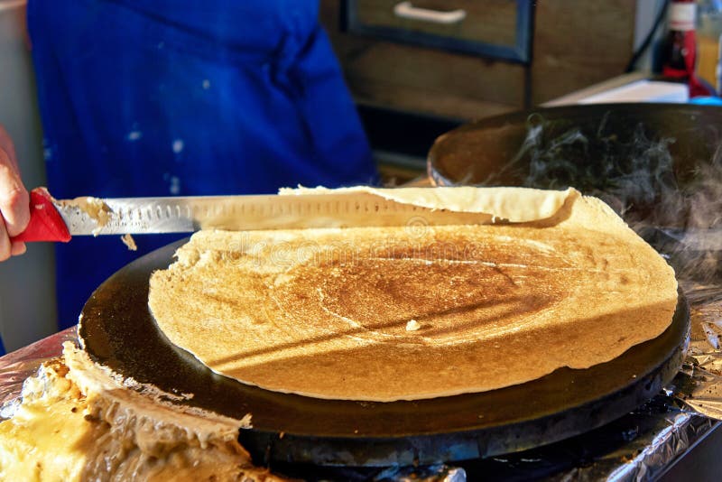 Crepes Pancakes are Prepared on a Metal Plate Stock Photo Image of
