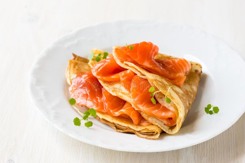 Savory Smoked Salmon Crepes Stock Photo Image of blue, steel 78030446