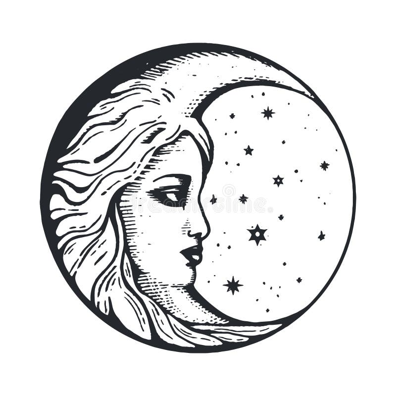 Crescent Moon Face Vintage Drawing Stock Illustrations – 770 Crescent ...