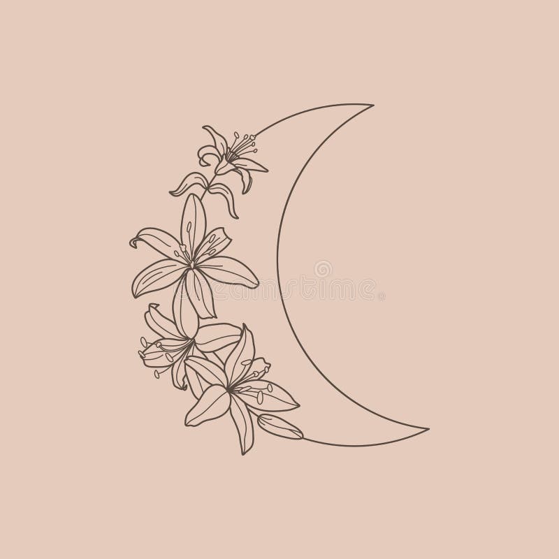 Crescent Moon Of Lily Flowers In A Trendy Minimal Linear Style Vector Floral Outline Icon Tattoo Design Stock Vector Illustration Of Astrology Floral