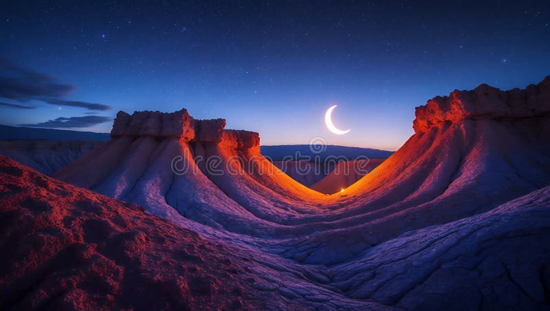 Magical Crescent Moon Over Dramatic Desert Landscape vector illustration