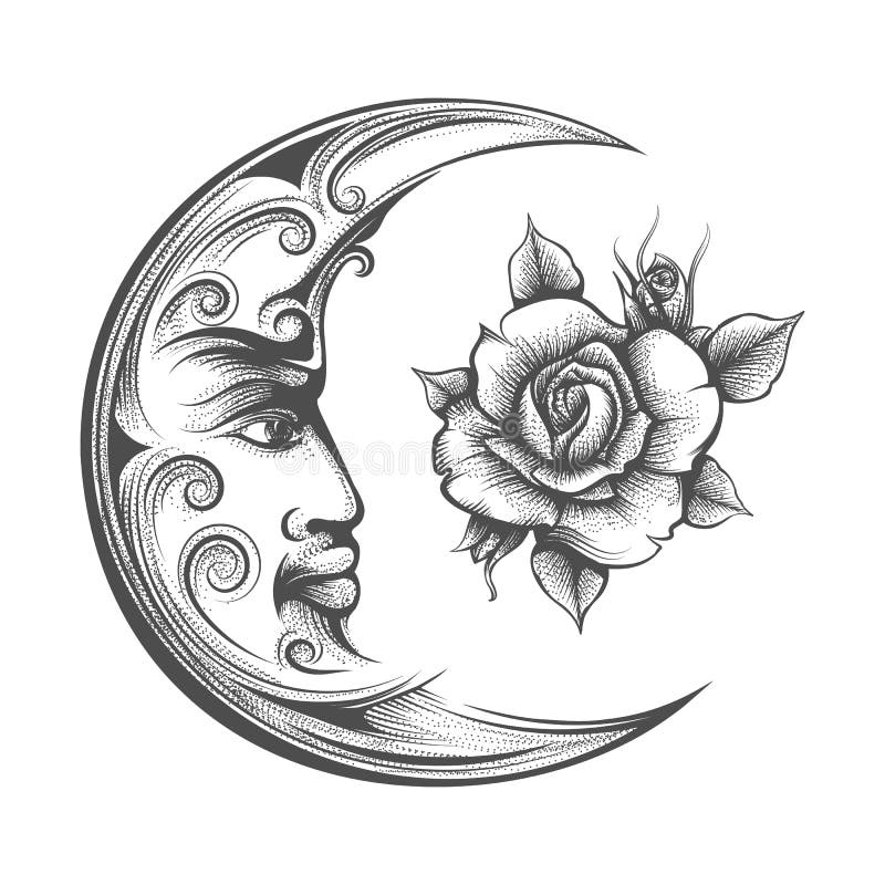 Crescent Moon and Rose Flower Esoteric Symbol Illustration Stock Illustration Illustration of