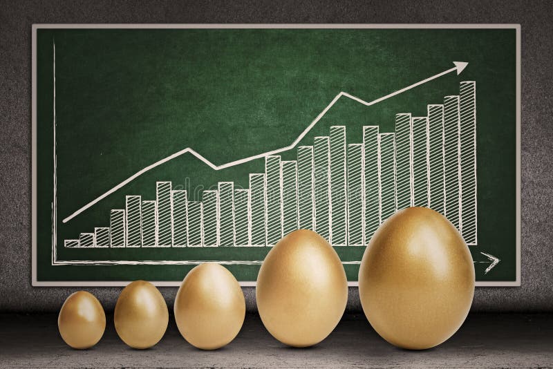 Profit bar chart and golden eggs on chalkboard. Profit bar chart and golden eggs on chalkboard