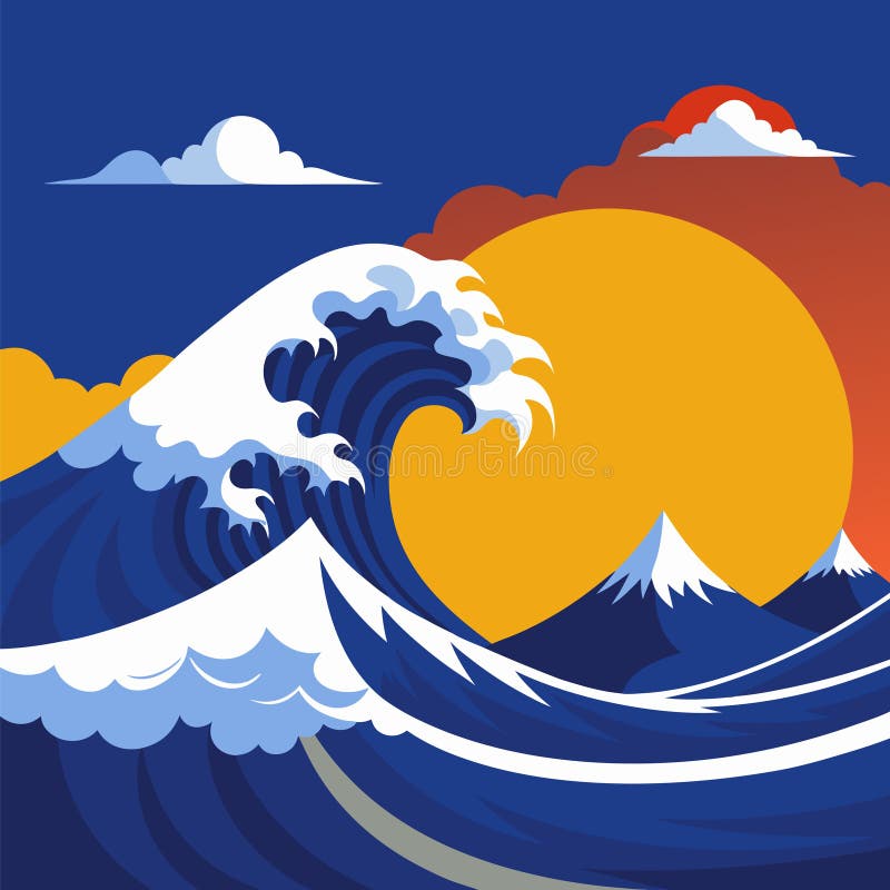 Crestas Dinâmicas de Ondas Próximo à Montanha durante o Belo Sunset ilustração do vetor