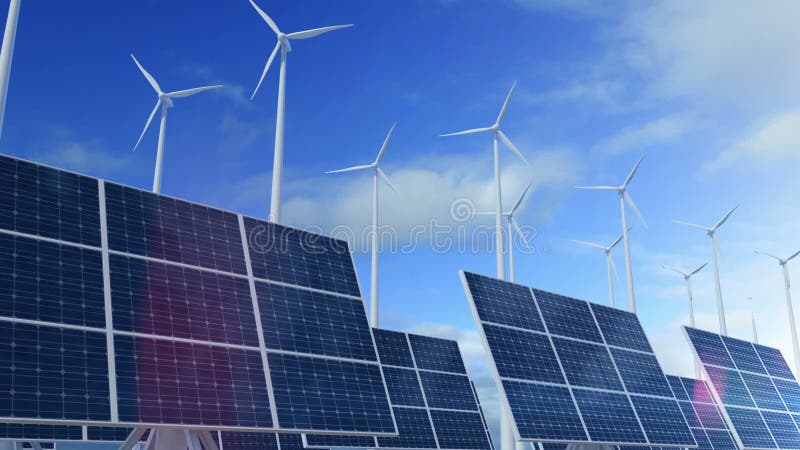 Cresça o painel solar acima de construção com as turbinas eólicas que geram a energia