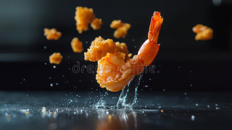 Crevettes frites tartinées qui s'éclaboussent sur une surface foncée illustration libre de droits